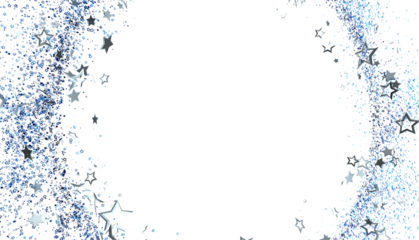 Sparkling blue glitter and silver stars border a white background. Perfect for holidays, celebrations, or invitations.
