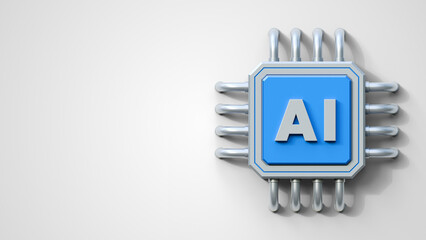 Artificial intelligence chip 3D icon illustration isolated on soft grey background with copyspace. Artificial intelligence technology and machine learning concept element. Ai chip banner template.