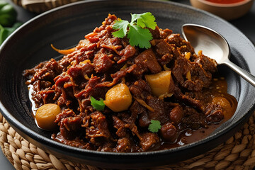 Authentic Indonesian Beef Rendang in a Traditional Black Bowl