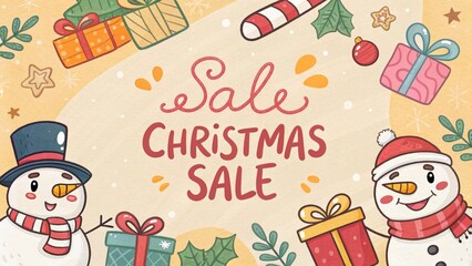 Fototapeta premium Cheerful Christmas sale banner with cartoon snowmen, candy canes, gift boxes, and playful red handwritten typography