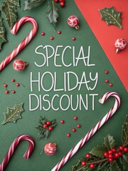 Cheerful holiday discount banner with green and red festive background, candy canes, holly leaves, and cozy handwritten sale text
