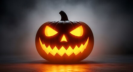 Illuminated jackolantern with a menacing grin, casting an eerie glow in the darkness, perfect for halloween night celebration