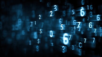 Floating blue glowing numbers in air, tech data stream background for futuristic concept