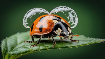 Ladybug with water droplets on its back resembling wings