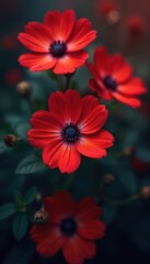 Close-up macro shot of vibrant red flowers with dark centers, delicate petals. Dark green leaves, blurred background create elegant contrast. Perfect for phone wallpaper, desktop backgrounds,