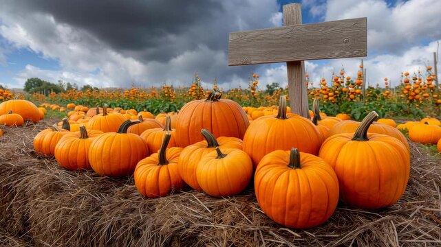 Vibrant Pumpkin Patch with Orange Pumpkins Against a Cloudy Sky in Autumn