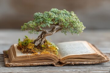 Fototapeta premium Open book with bonsai tree. Small, detailed bonsai tree sits atop a bed of moss, nestled in the pages of an old, open book. Rustic, aged book cover