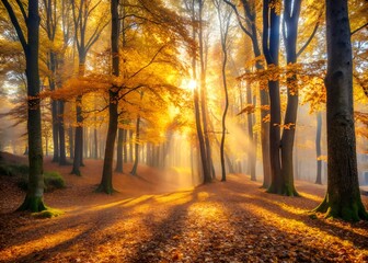 Sun rays illuminate the forest path in autumn season with colorful leaves