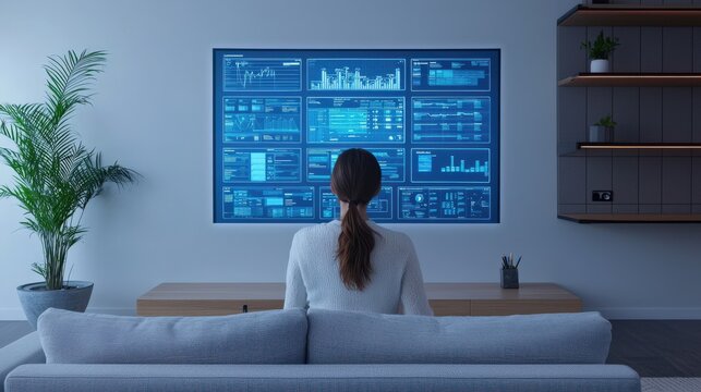 Productivity Tools workflow remote concept. Person analyzing data on a digital screen in a modern living space.