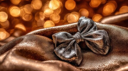 Elegantly Wrapped Silver Bow on Shimmering Bronze Fabric Background