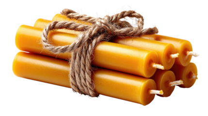 Bundled Candles: A collection of warm, golden-yellow candles are neatly tied together with a rustic, natural twine, creating a sense of cozy ambiance. 
