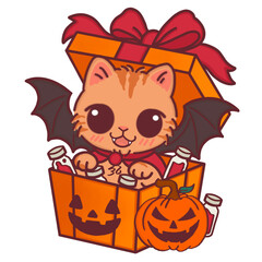 Cute cartoon vampire cat popping out of Halloween gift box with blood bottles and jack-o’-lantern pumpkin  