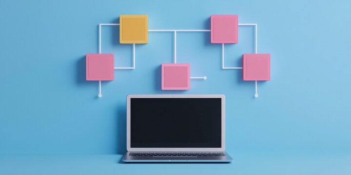 Productivity Tools workflow remote concept. Computer setup with colorful flowchart elements on a blue background.