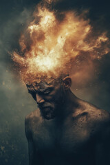 Illustration of a man with a burst of fiery light coming from his head, symbolizing mental stress.