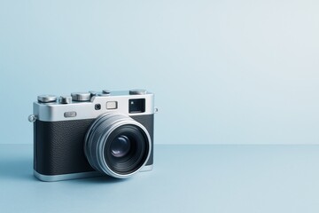 Classic vintage camera placed on a flat surface with soft lighting and clean copyspace on minimal blue background, creative photography concept. Ai generative