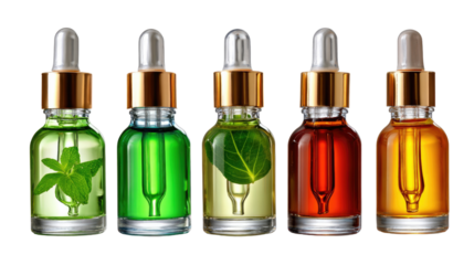 Aromatic Essence Collection: A captivating assortment of five exquisitely crafted glass bottles, each showcasing a unique, vibrant infusion of botanical extracts.