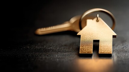Close-Up Image of Golden Key and House-Shaped Keychain on Dark Surface, Symbolizing Home Ownership and Security in Real Estate Transactions