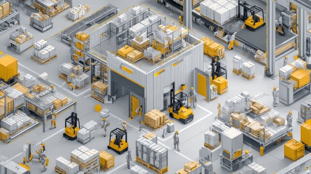 Busy warehouse operations with forklifts and workers managing inventory, showcasing logistics and supply chain efficiency in a modern environment