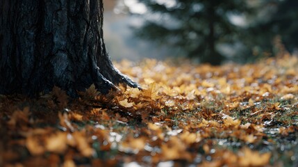 Obraz premium Fallen autumn leaves at the base of a tree in a serene forest