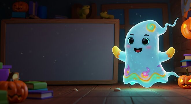 cute little ghost in a spooky room cartoon illustration for childrens book, adorable character on the right with colorful design, copy space on the left for text - Powered by Adobe