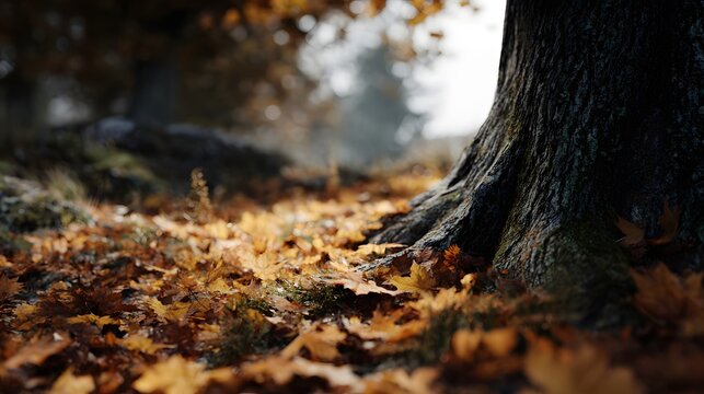 Fallen autumn leaves covering the forest floor around a tree trunk long title Vibrant autumn leaves in shades of orange yellow and brown litter the