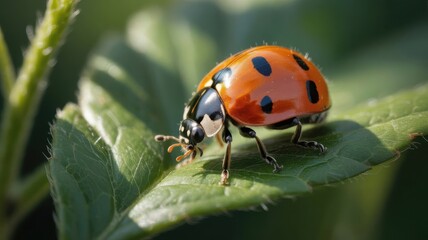 Obraz premium Close up macro shot of a vibrant red ladybug with black spots on a green leaf