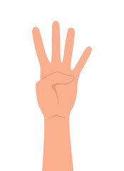Human hand showing number four with fingers, isolated on white background. Flat vector illustration