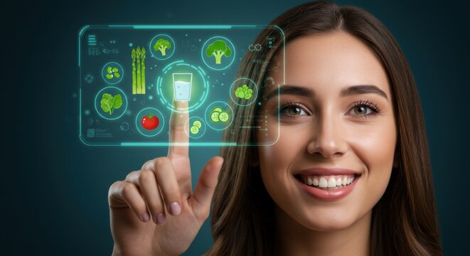 A woman interacting with a virtual screen showing healthy food and water icons. Concept of diet planning, nutrition, and wellness technology. - Powered by Adobe