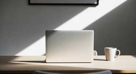 Diagonal Sunlight Across a Modern Minimalist Workspace with Laptop