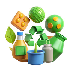 Fototapeta premium 3d eco friendly recycling symbols and products isolated on transparent background