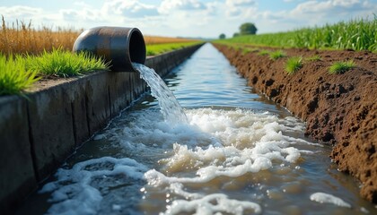 Water flows from large pipe into irrigation channel beside fields of crops. Agricultural setup utilizes pump pipe technology for efficient water supply, irrigation management in farming. Essential