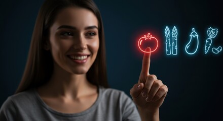 Woman touching virtual tomato icon. Female selects healthy vegetable from glowing holographic menu. Digital nutrition concept for healthy lifestyle.