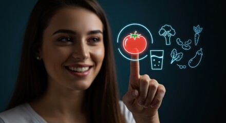 A smiling woman points to a glowing tomato graphic. Healthy eating and nutrition concept. Digital health application for diet management.