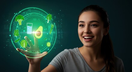 Woman with brown hair reaching out to touch a virtual health interface with various produce icons, demonstrating diet concept.