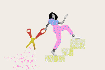 Creative full art image collage of happy businesswoman climb ladder carry scissors cut textile startup project development