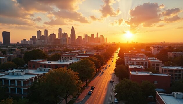 Panoramic city view at sunset with glowing orange sky, sunbeams. Urban skyline, architecture, buildings line tree-lined street with cars. Captures McKinney, Texas, Eastside urban landscape from drone.
