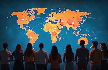 Diverse group gazes at illuminated world map with connected icons. Represents global communication, technology, teamwork, learning. Shows collaboration, digital interaction across nations for future
