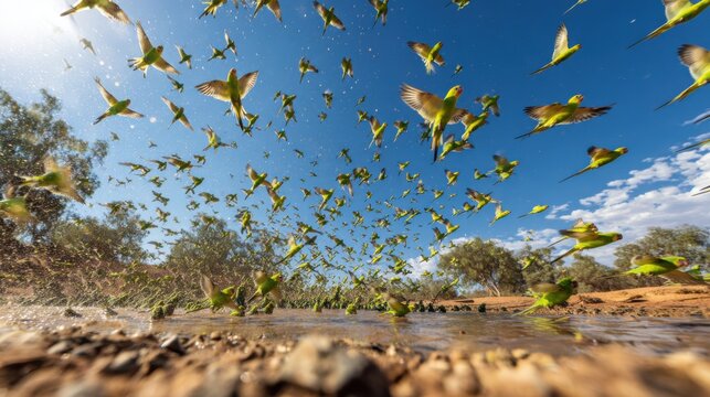 Colorful Budgies Swarm Together at an Outback Watering Hole