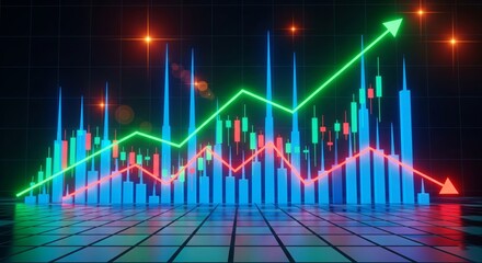 Fototapeta premium Futuristic 3D Stock Market Chart with Glowing Candlestick Patterns and Neon Lights