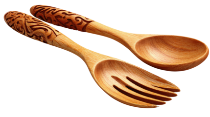 Artisan Kitchen Utensils: Two elegantly crafted wooden serving spoons, showcasing intricate carvings on handles, lie on display in a brightly illuminated scene. Embodying culinary craftsmanship.