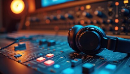 Pro audio mixing console with headphones resting on sliders. Blue, orange lights illuminate controls, buttons. This image relates to music production, sound engineering, broadcasting, podcasting.