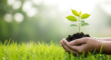 A young plant in human hands on a green field symbolizes growth, care, and environmental protection for a sustainable future