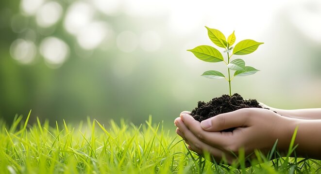 A young plant in human hands on a green field symbolizes growth, care, and environmental protection for a sustainable future