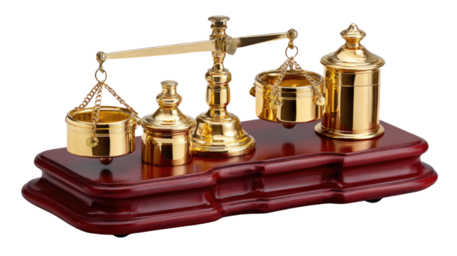Precision and Balance: A detailed display of an antique balance scale showcases precision, harmony, and equilibrium. Featuring a gold balance, suspended pans, and various weights on a wooden base.