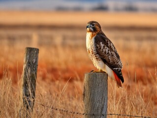 In the American West a Red Tailed Hawk Sits on a Fence Post