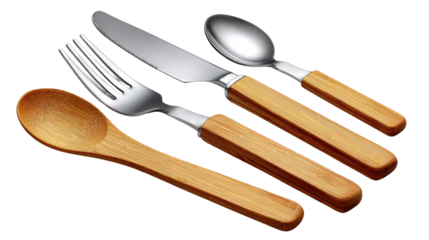 Stylish Cutlery Ensemble: A sophisticated quartet of cutlery, showcasing a refined balance of gleaming metal and warm, wooden accents, poised on a clean, angled perspective. 