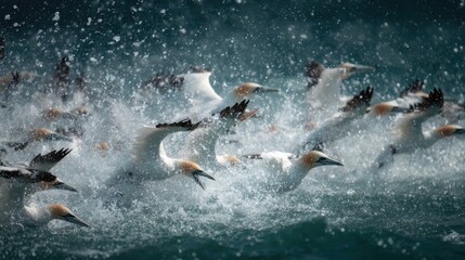 Obraz premium Like Arrows Gannets Dive Speedily into the Sea