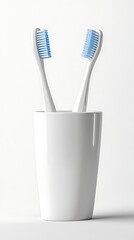 Two Toothbrushes in a White Cup, Dental Hygiene Still Life, Minimalist Aesthetic
