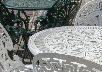 Empty table and chairs at an outdoor coffee
