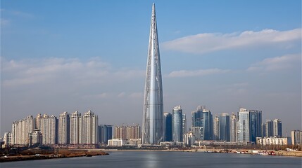 Obraz premium Stunning modern skyscraper pierces blue sky over cityscape and river reflecting bright sunlight